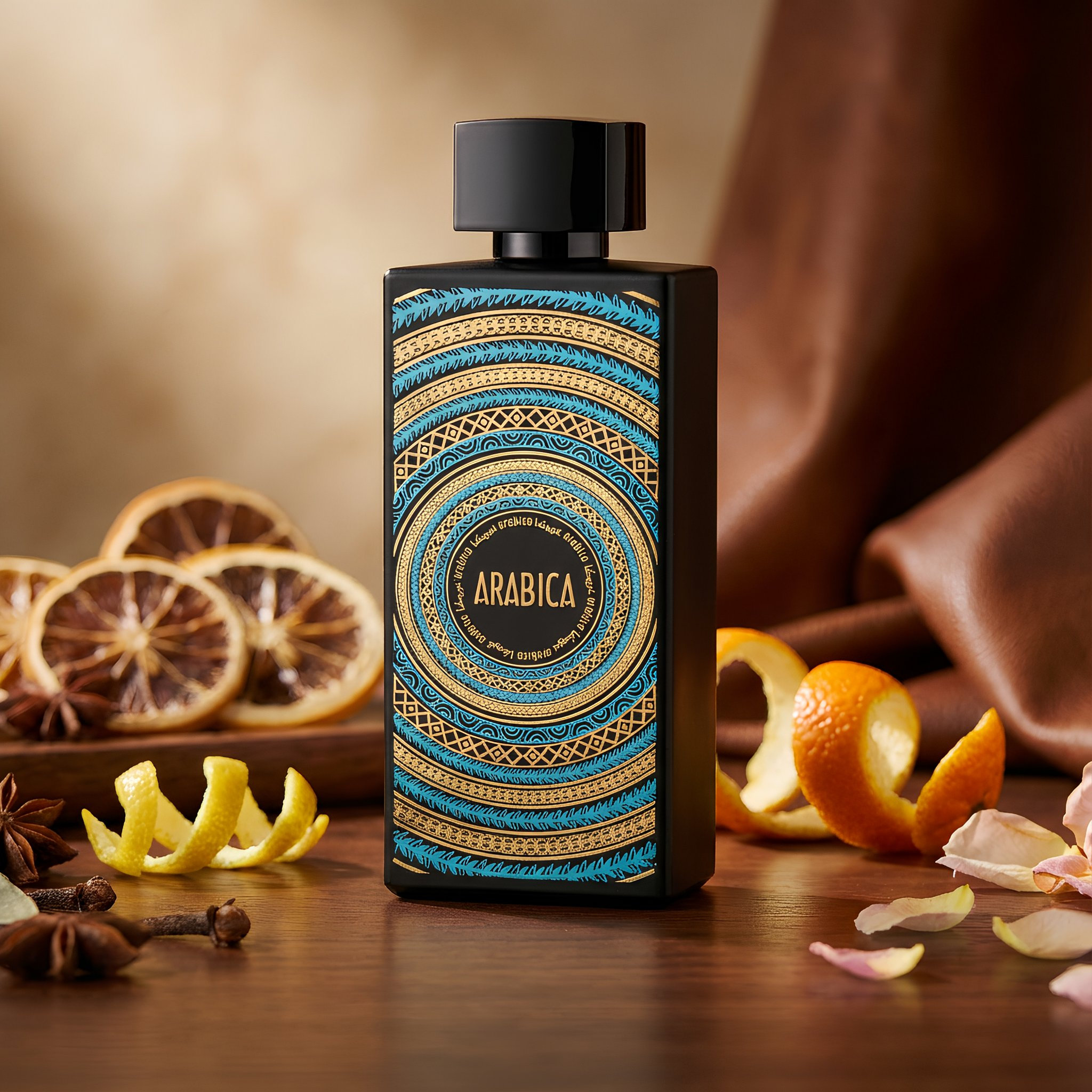Decorative bottle labeled 'Arabica' with spices and citrus on a wooden surface
