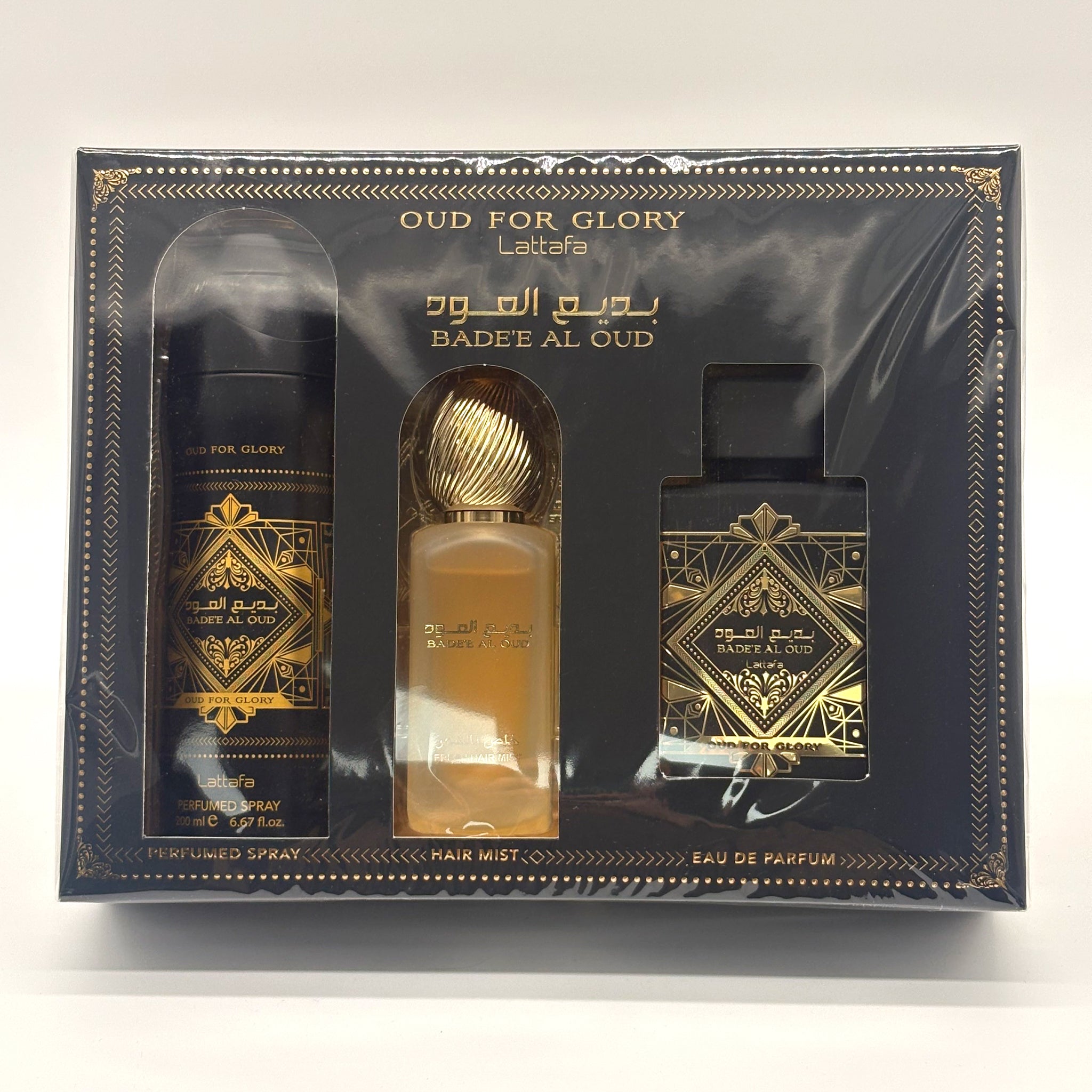 LATTAFA BADE'E AL OUD FOR GLORY 3 PC SET 3.4 OZ EDP + 6.67 OZ BODY SPRAY + 1.7 OZ  HAIR MIST