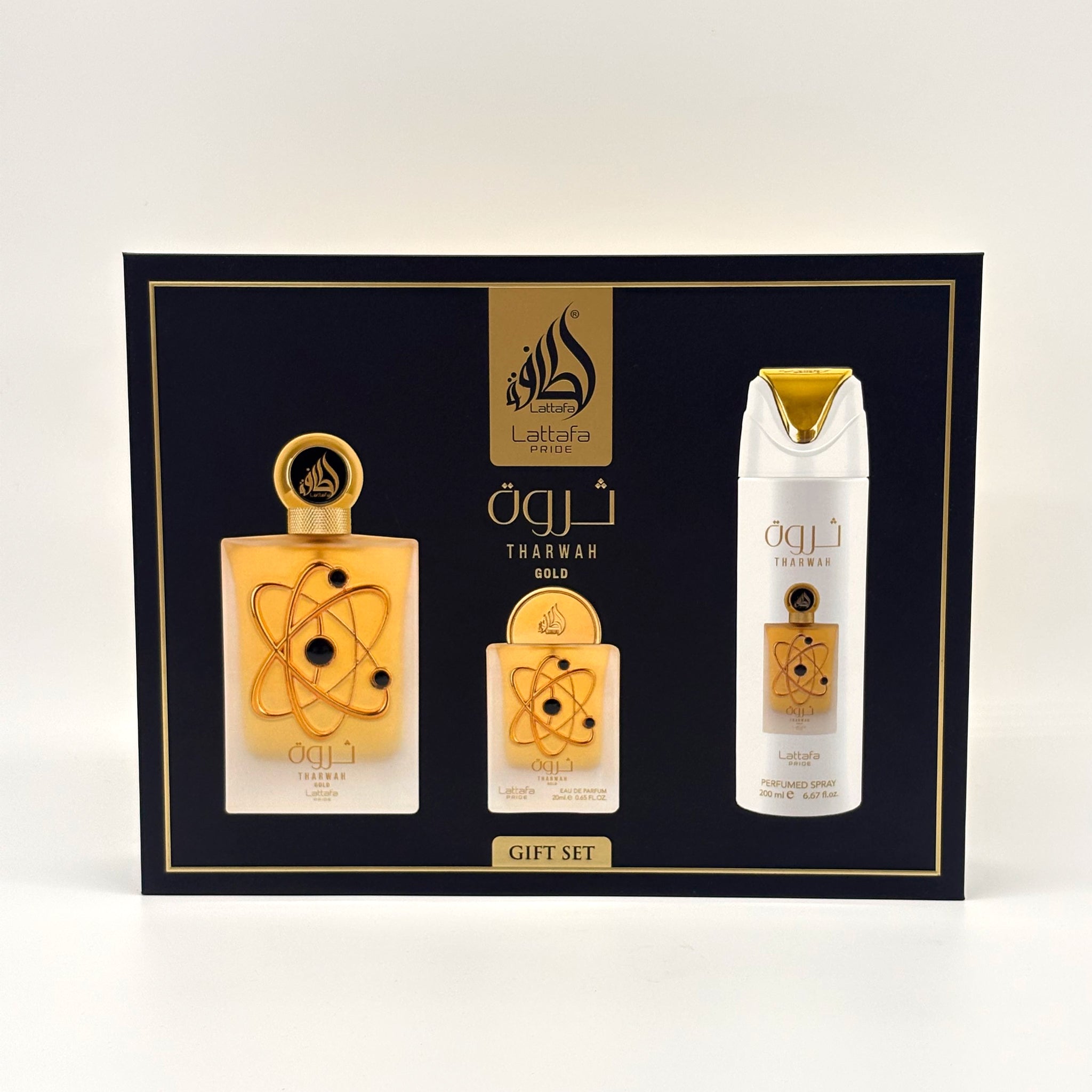 LATTAFA THARWAH GOLD 3 PC SET 100 ML EDP + 20 ML EDP + 200 ML BODY SPRAY