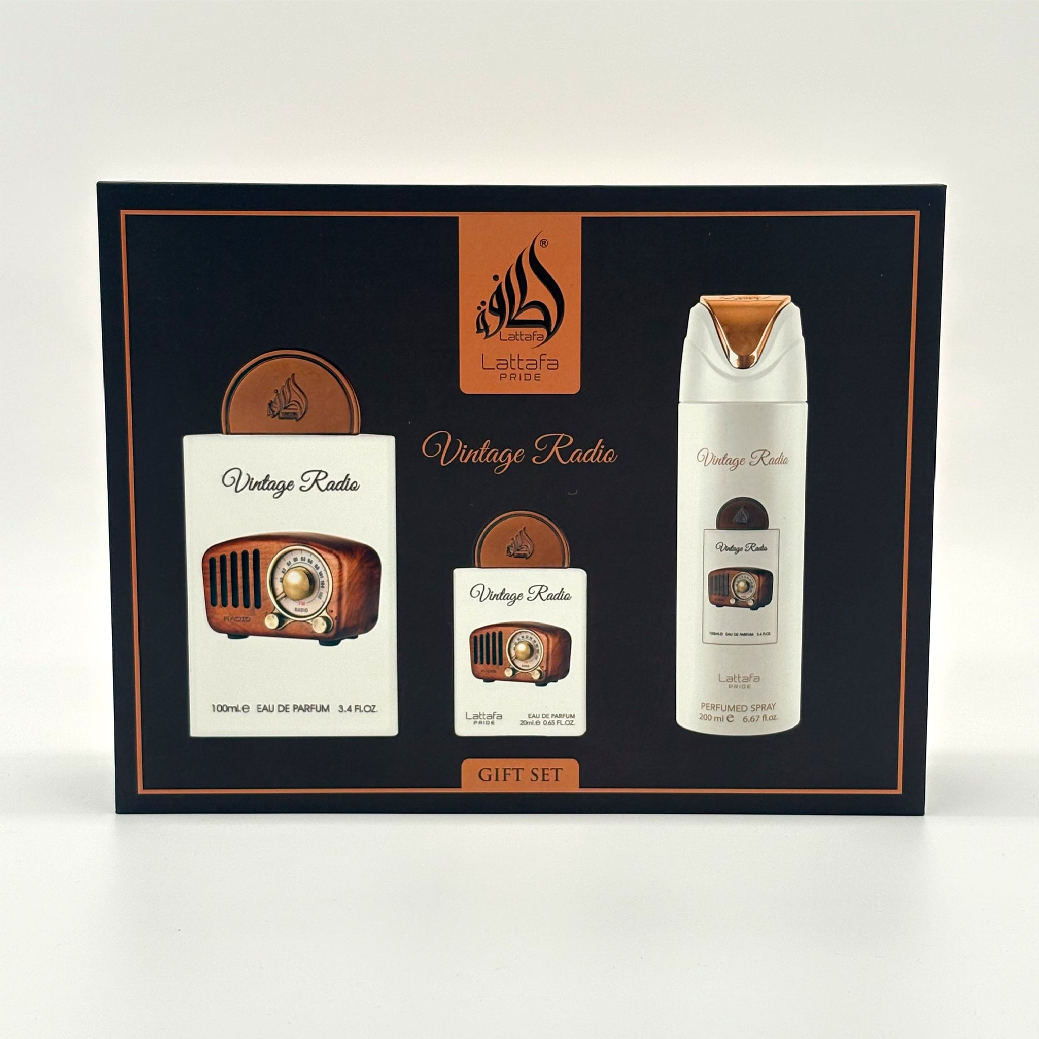 LATTAFA VINTAGE RADIO 3 PC SET FOR MEN 100 ML + 20 ML + 200 ML BODY SPRAY + TRAVEL SIZE