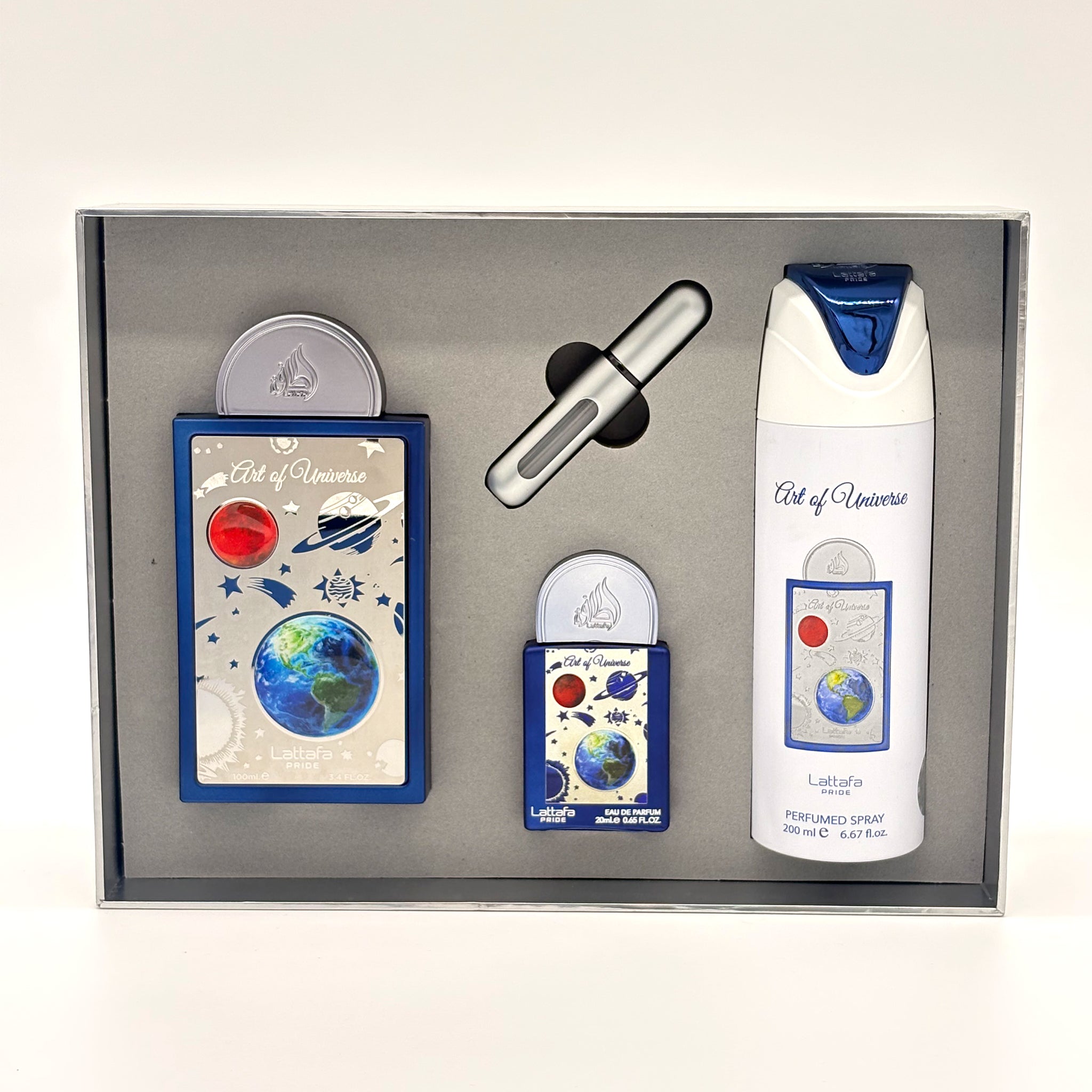 LATTAFA ART OF UNIVERSE 3 PC SET FOR MEN 100 ML + 20 ML + 200 ML BODY SPRAY + TRAVEL SIZE