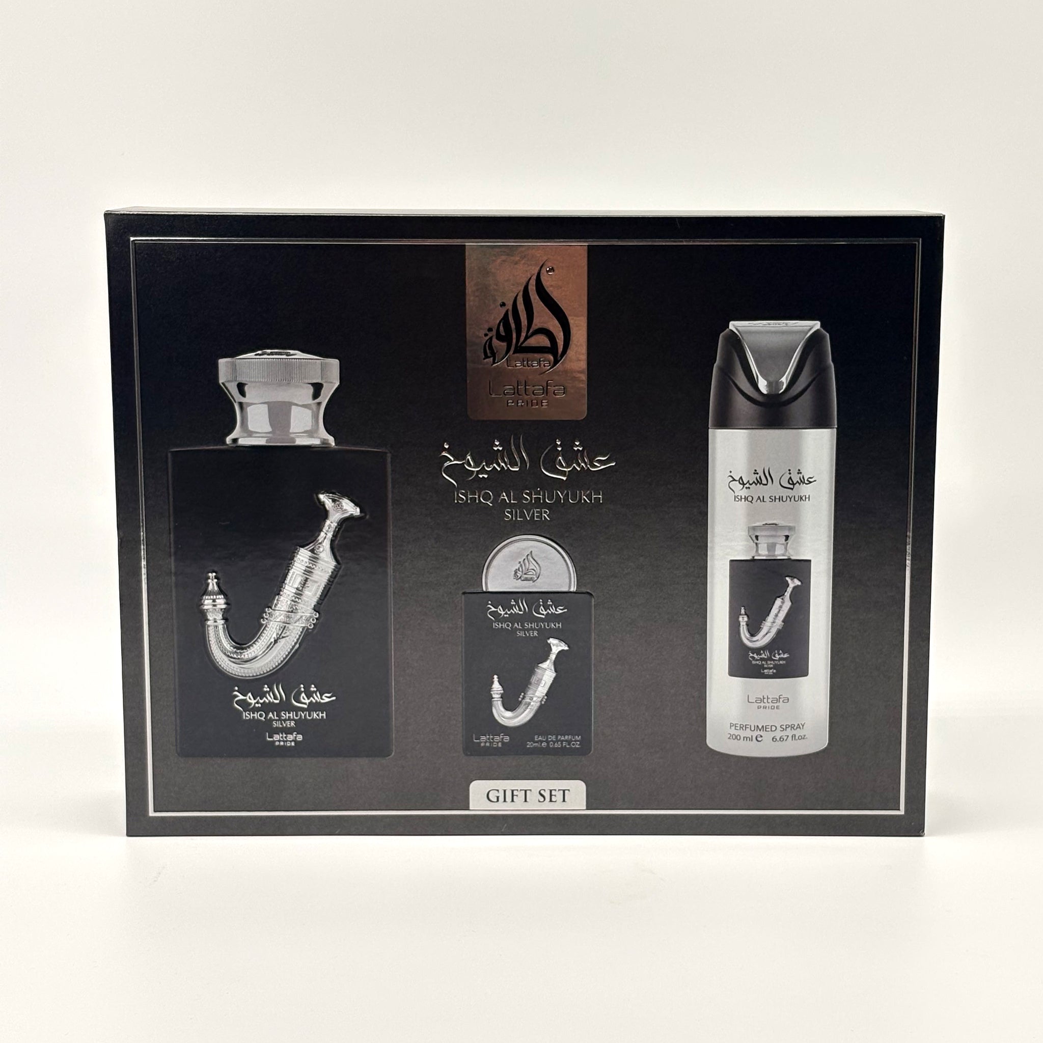 LATTAFA LATTAFA ISHQ AL SHUYUKH SILVER  3 PC SET FOR MEN 100 ML + 20 ML + 200 ML BODY SPRAY + TRAVEL SIZE