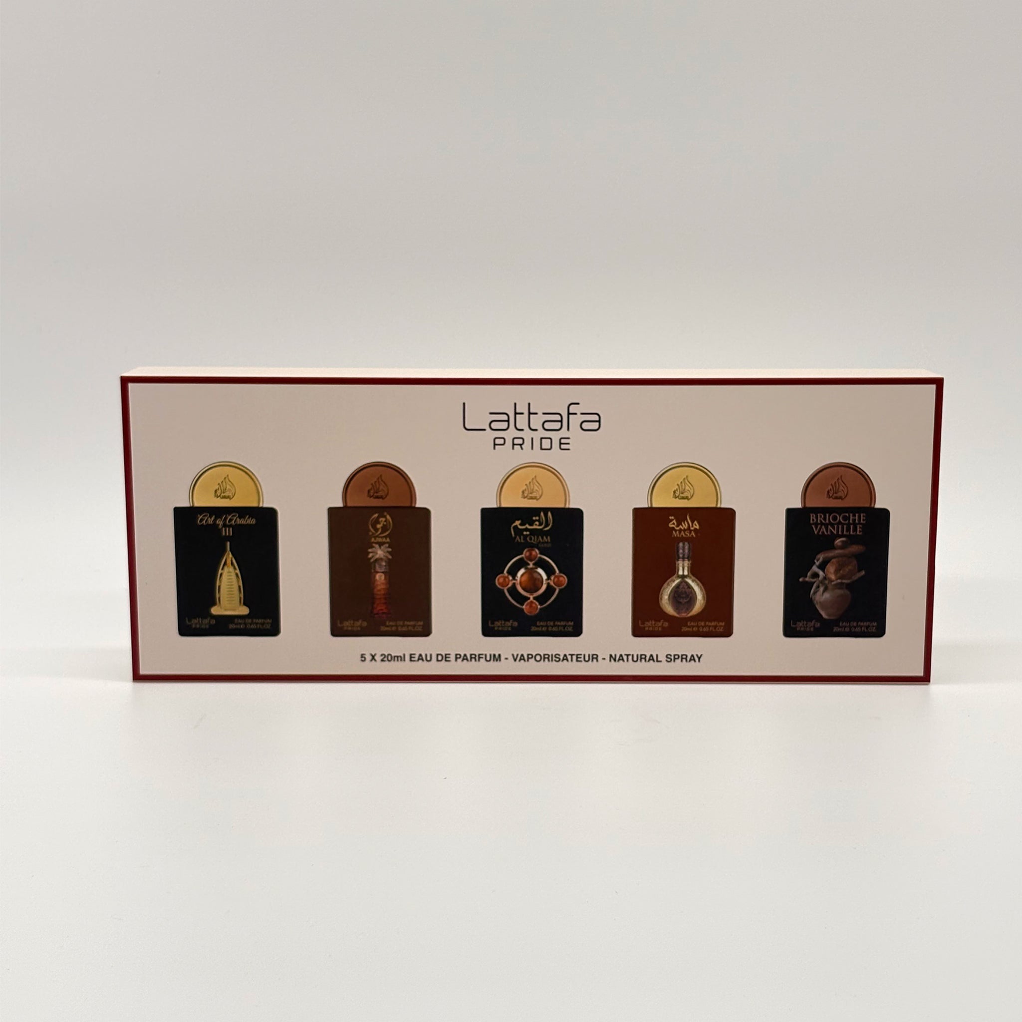LATTAFA 5 PC MINI SPRAY Art of Arabia III, Ajwaa, Al Qiam Gold, Masa, Brioche Vanille 20ML