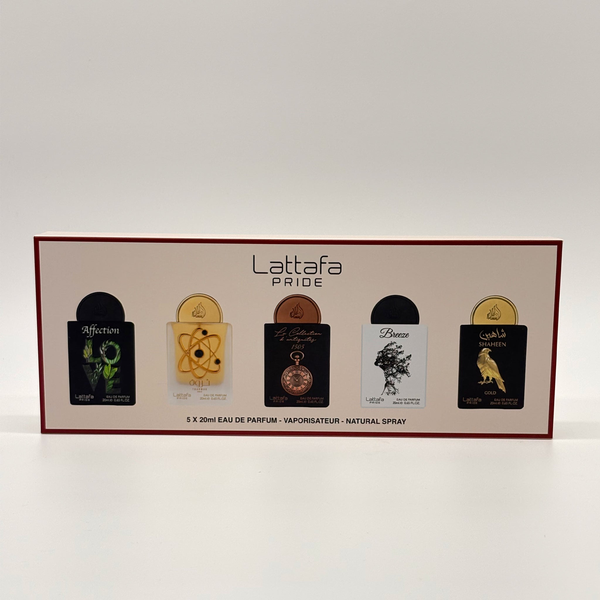 LATTAFA 5 PC MINI Affection, Tharwah Gold, Watch 1505, Breeze, Shaheen Gold 20 ML
