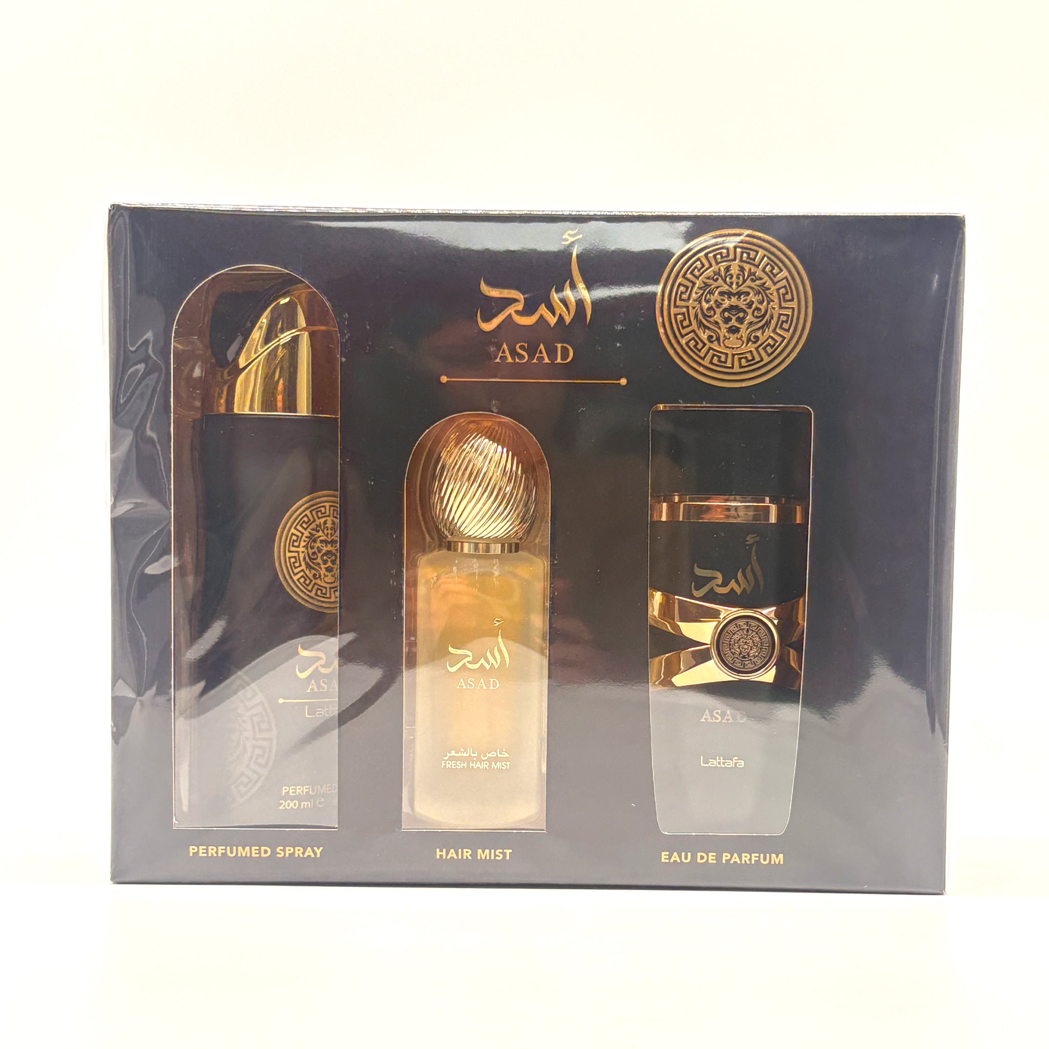 LATTAFA  ASAD 3 PC SET 3.4 OZ EDP + 6.67 OZ BODY SPRAY + 1.7 OZ HAIR MIST