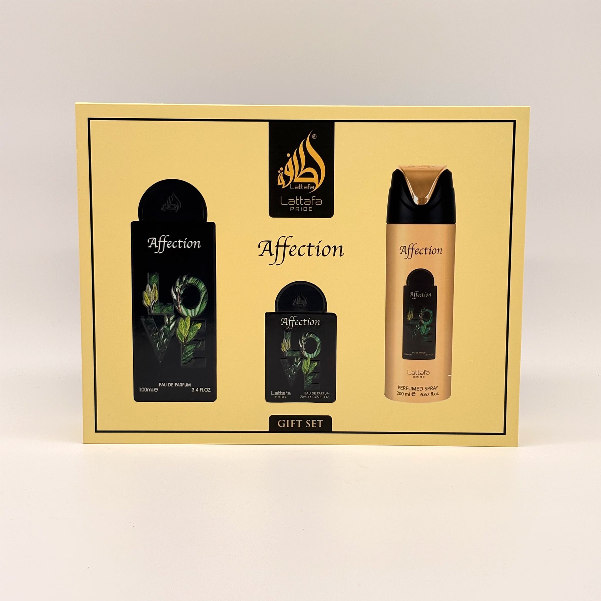 LATTAFA AFFECTION 3 PC SET FOR MEN 100 ML + 20 ML + 200 ML BODY SPRAY + TRAVEL SIZE