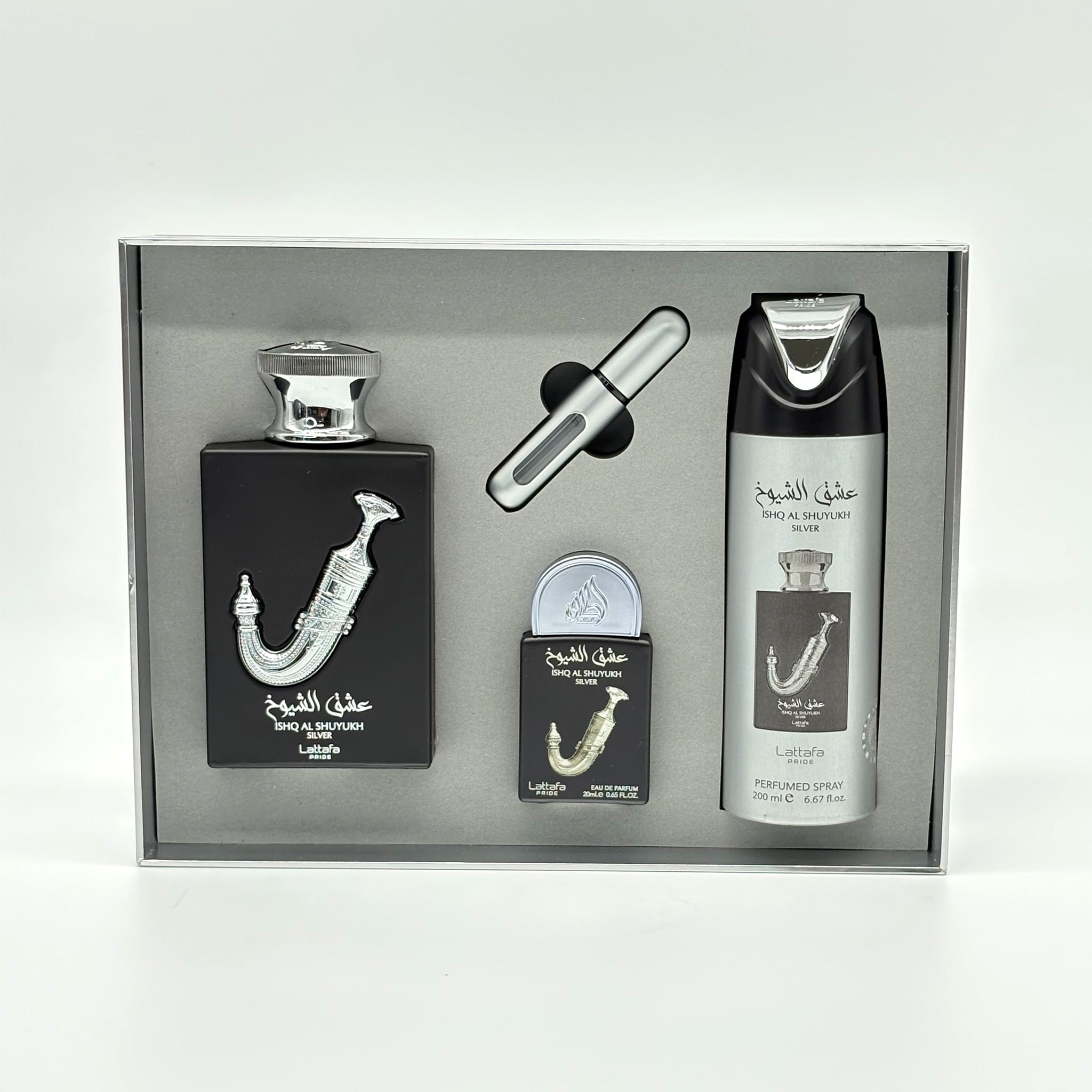 LATTAFA LATTAFA ISHQ AL SHUYUKH SILVER  3 PC SET FOR MEN 100 ML + 20 ML + 200 ML BODY SPRAY + TRAVEL SIZE