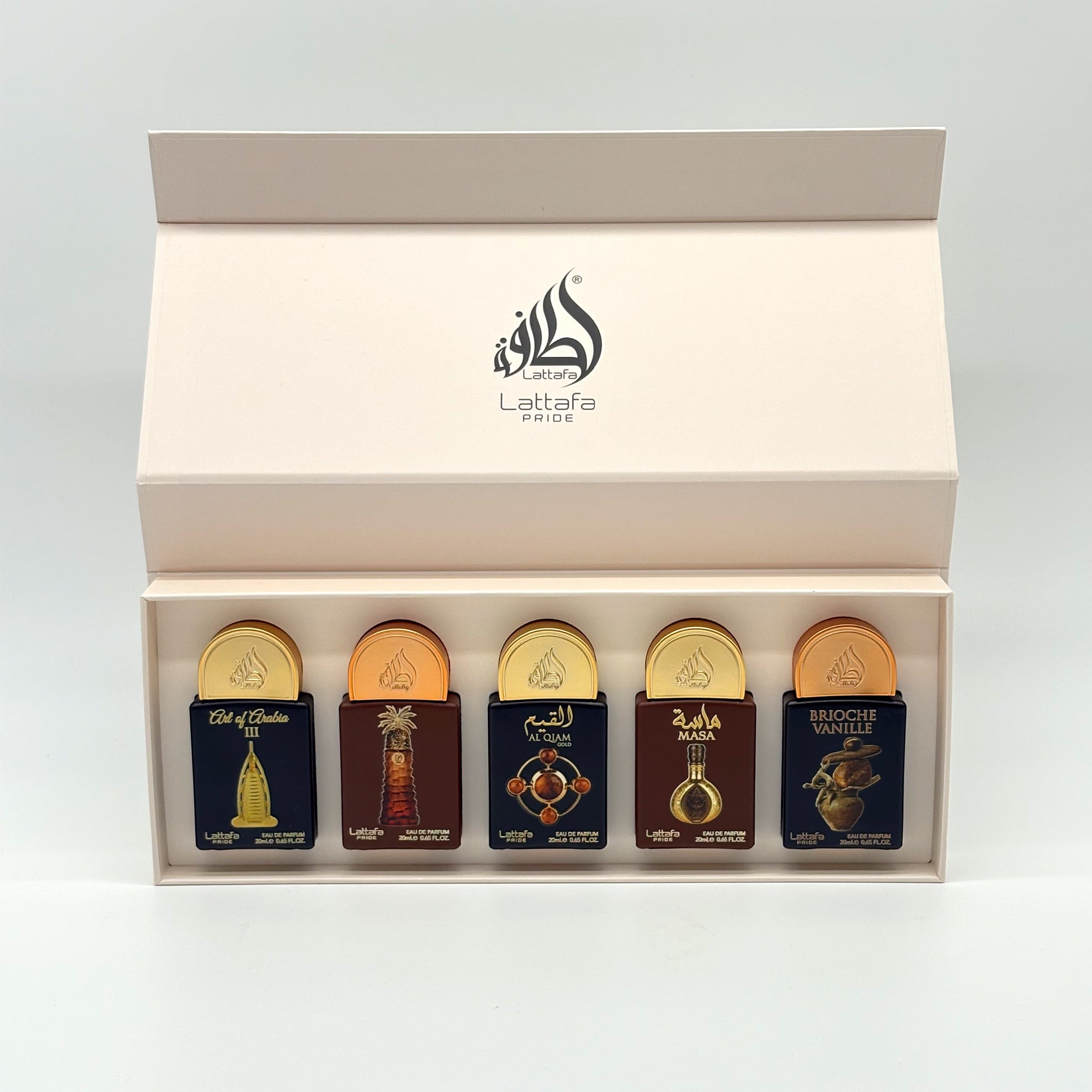 LATTAFA 5 PC MINI SPRAY Art of Arabia III, Ajwaa, Al Qiam Gold, Masa, Brioche Vanille 20ML