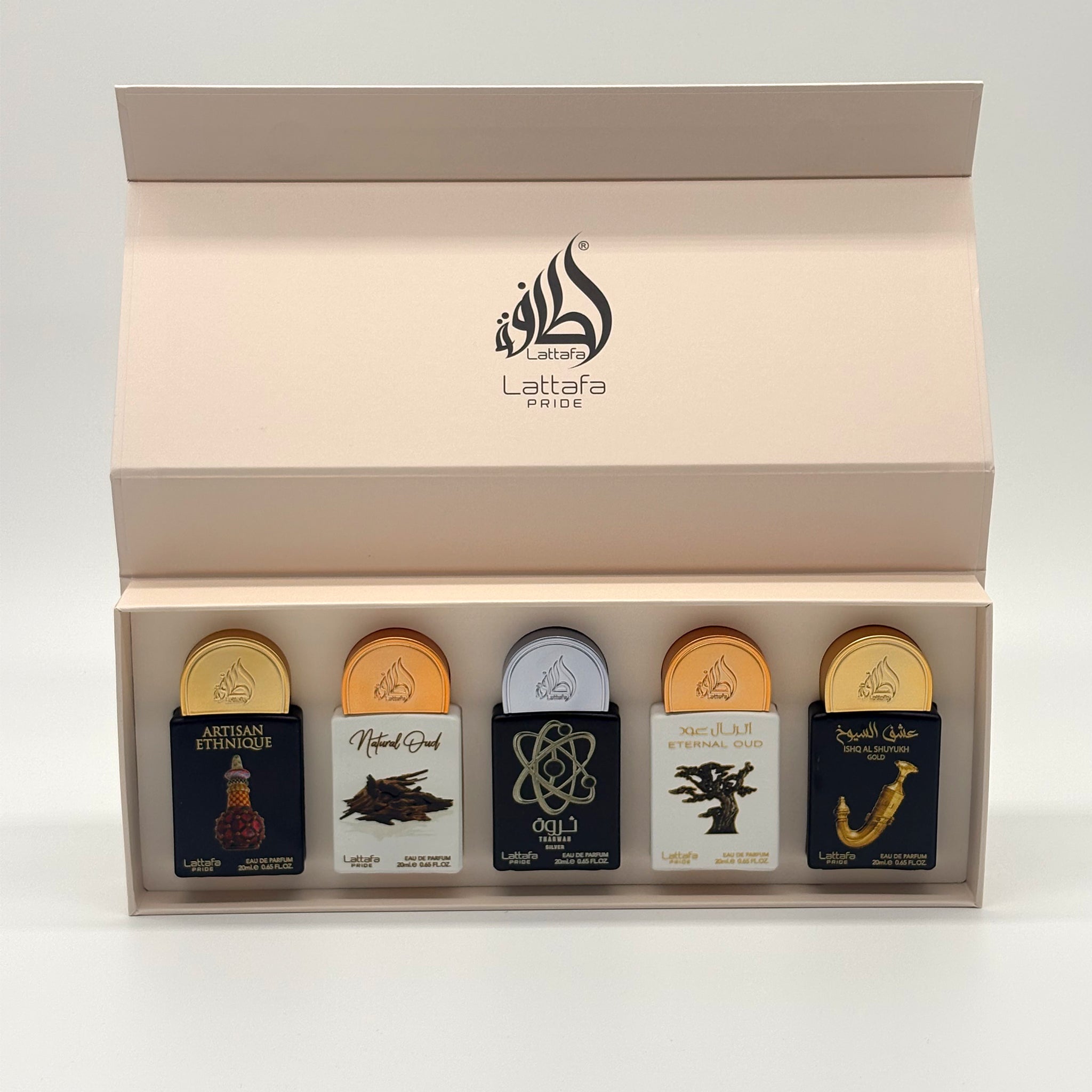 LATTAFA 5 PC MINI SPRAY SET ARTISAN ETHNIQUE 20 ML + NATURAL OUD 20 ML + THARWAH SILVER 20ML + ETERNAL OUD 20 ML+IHSQ AL SHUYUK