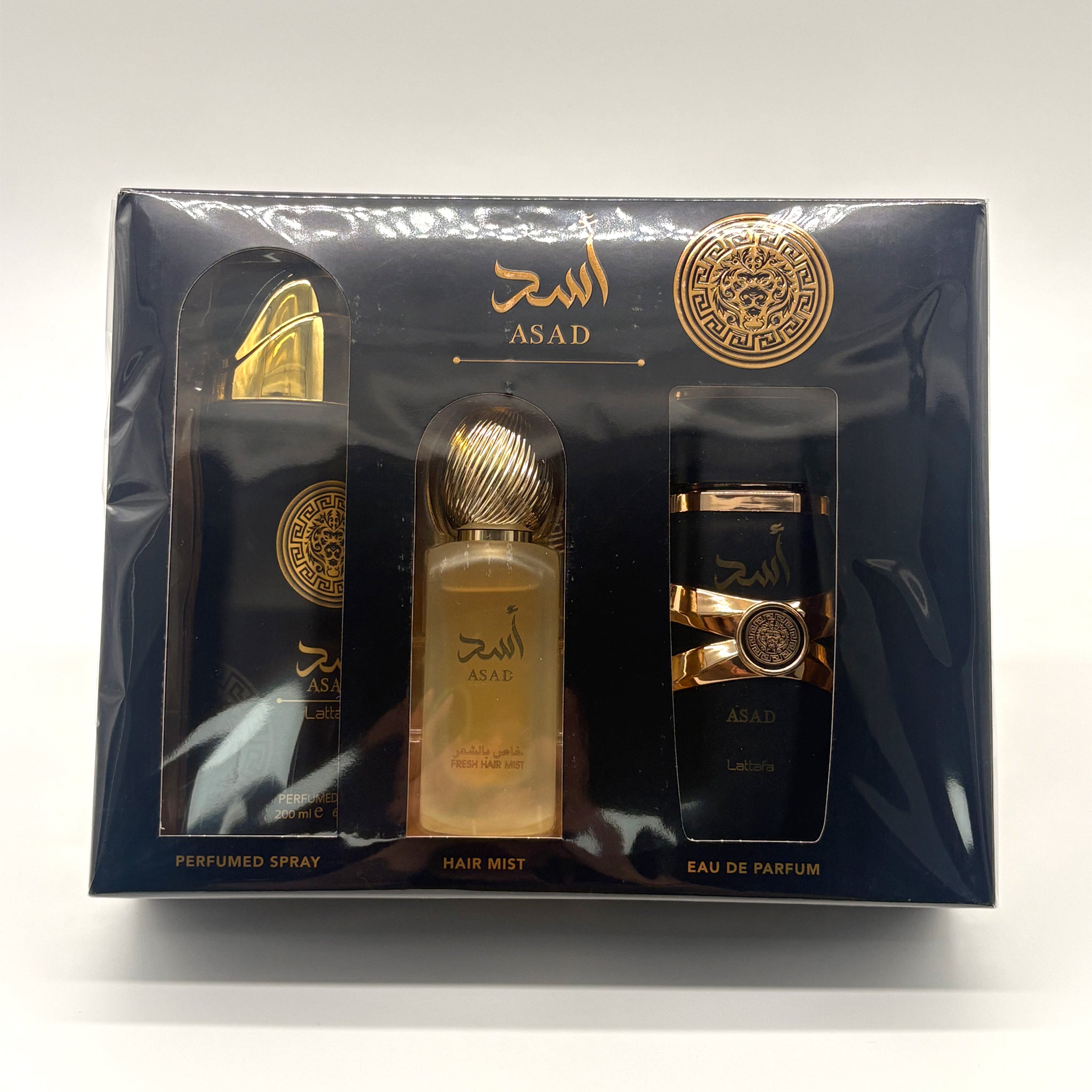 LATTAFA  ASAD 3 PC SET 3.4 OZ EDP + 6.67 OZ BODY SPRAY + 1.7 OZ HAIR MIST