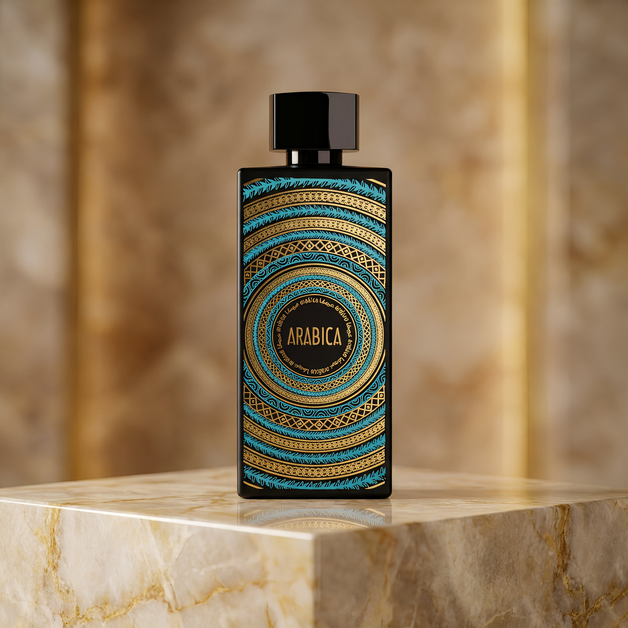 Decorative perfume bottle with 'Arabica' branding on a marble surface
