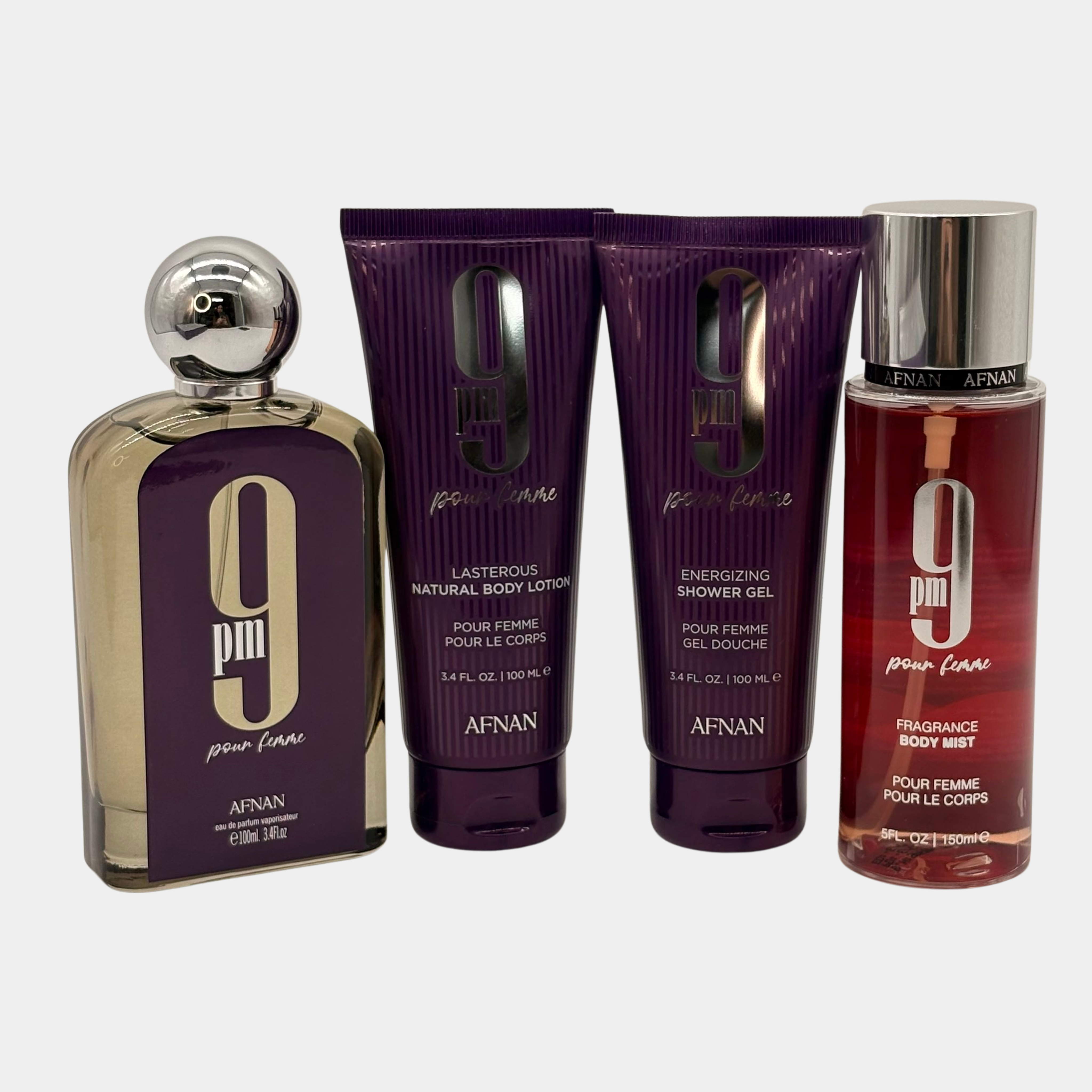 AFNAN 9 PM PURPLE POUR FEMME 4 PC SET 3.4 OZ + 3.4 S/G + 5 OZ BODY MIST + 3.4 OZ B/L