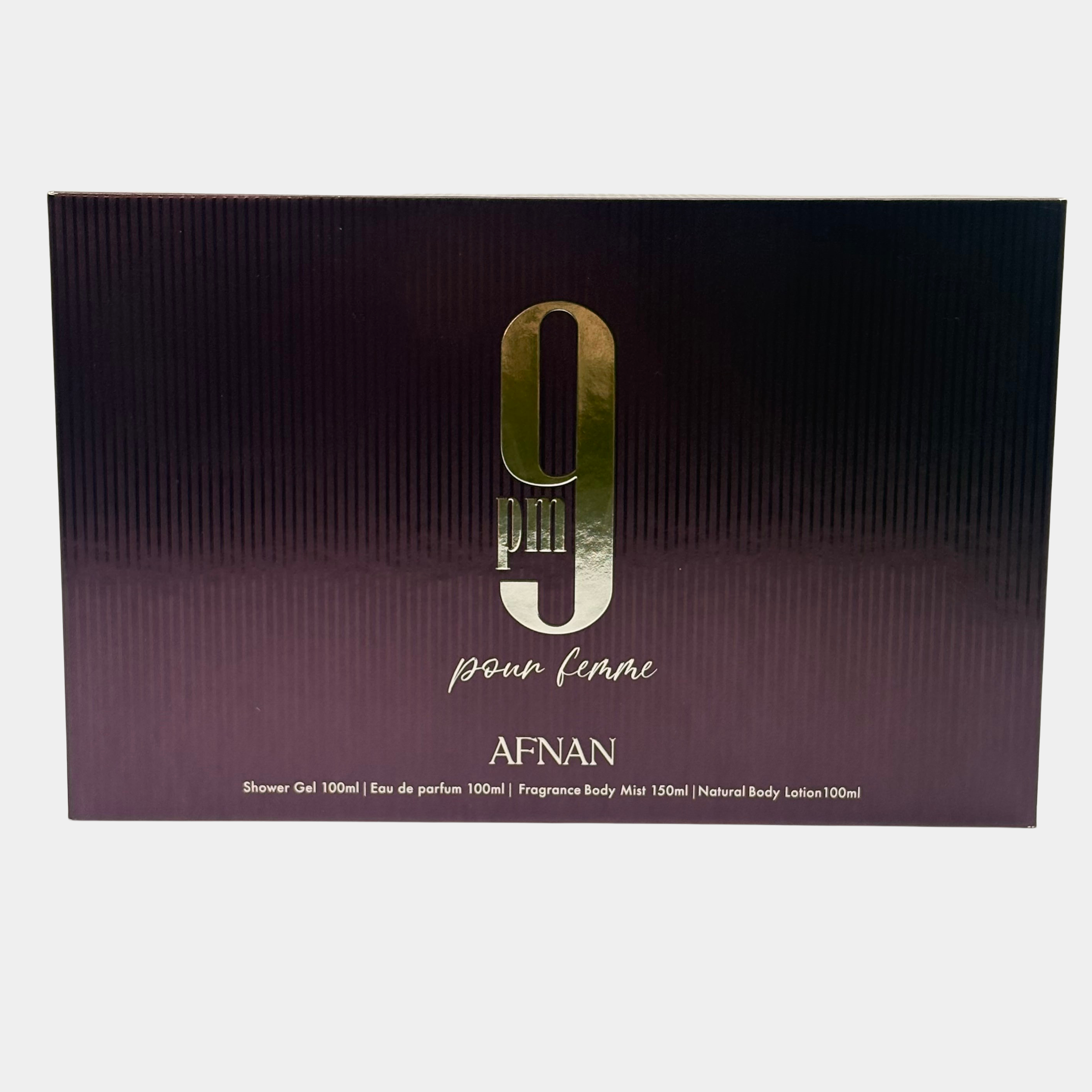 AFNAN 9 PM PURPLE POUR FEMME 4 PC SET 3.4 OZ + 3.4 S/G + 5 OZ BODY MIST + 3.4 OZ B/L