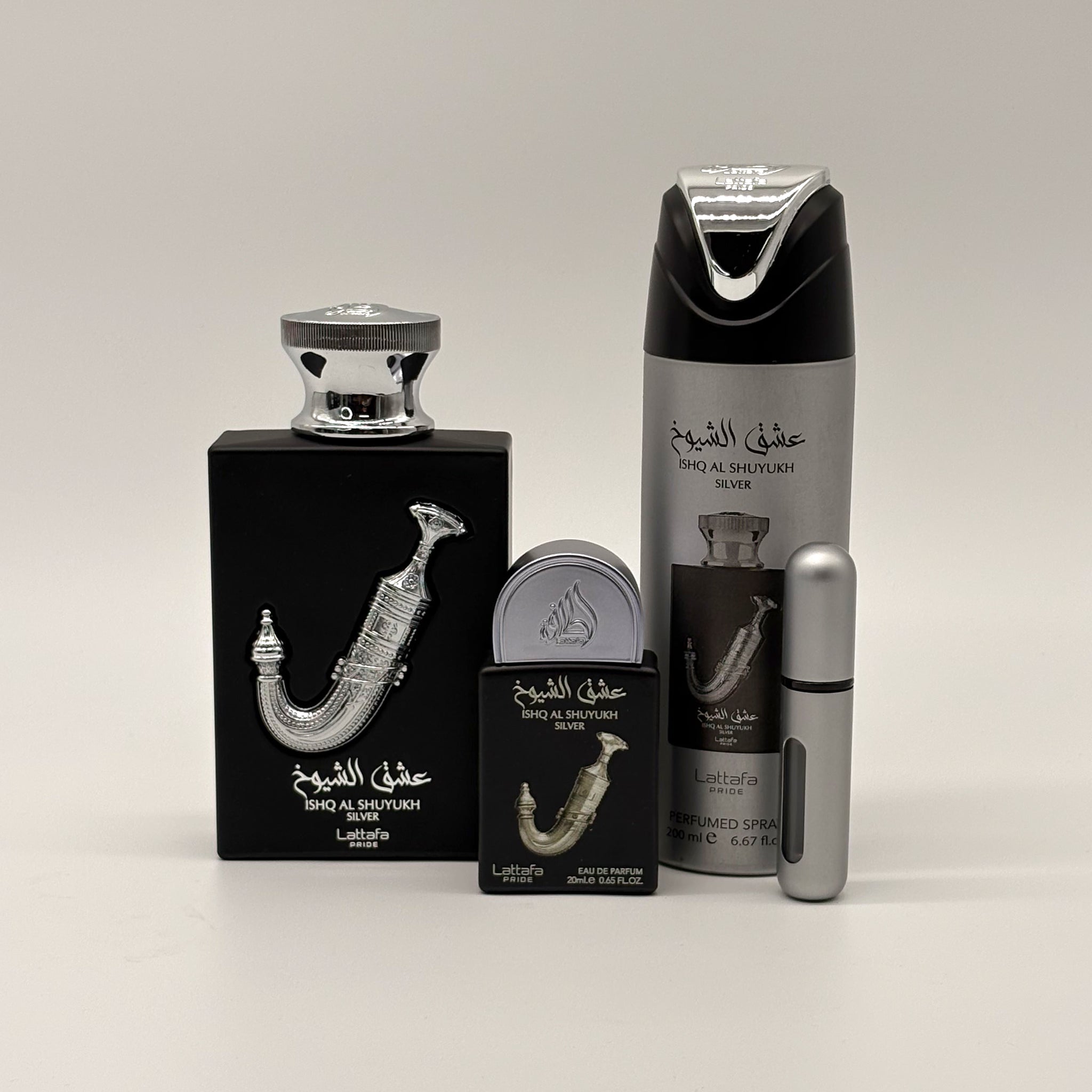 LATTAFA LATTAFA ISHQ AL SHUYUKH SILVER  3 PC SET FOR MEN 100 ML + 20 ML + 200 ML BODY SPRAY + TRAVEL SIZE