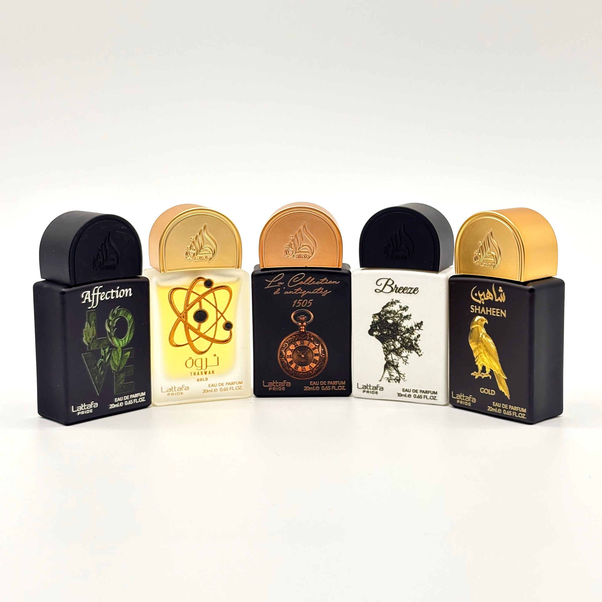 LATTAFA 5 PC MINI Affection, Tharwah Gold, Watch 1505, Breeze, Shaheen Gold 20 ML