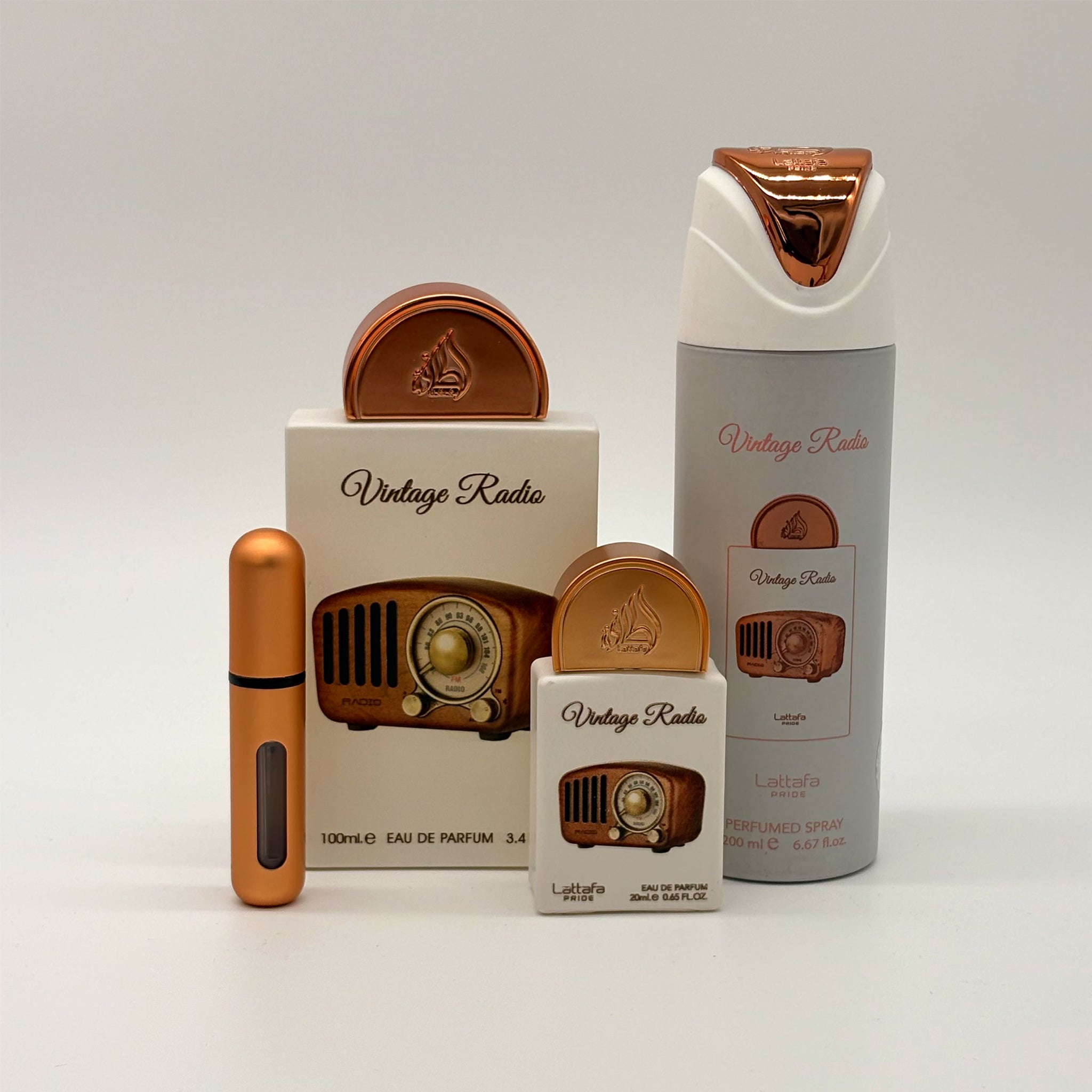 LATTAFA VINTAGE RADIO 3 PC SET FOR MEN 100 ML + 20 ML + 200 ML BODY SPRAY + TRAVEL SIZE