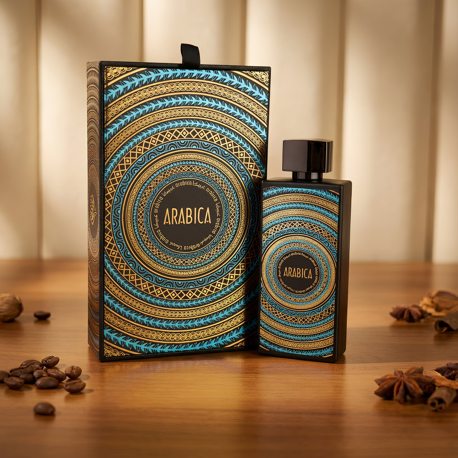 Arabica coffee perfume packaging with decorative design on a wooden surface.
