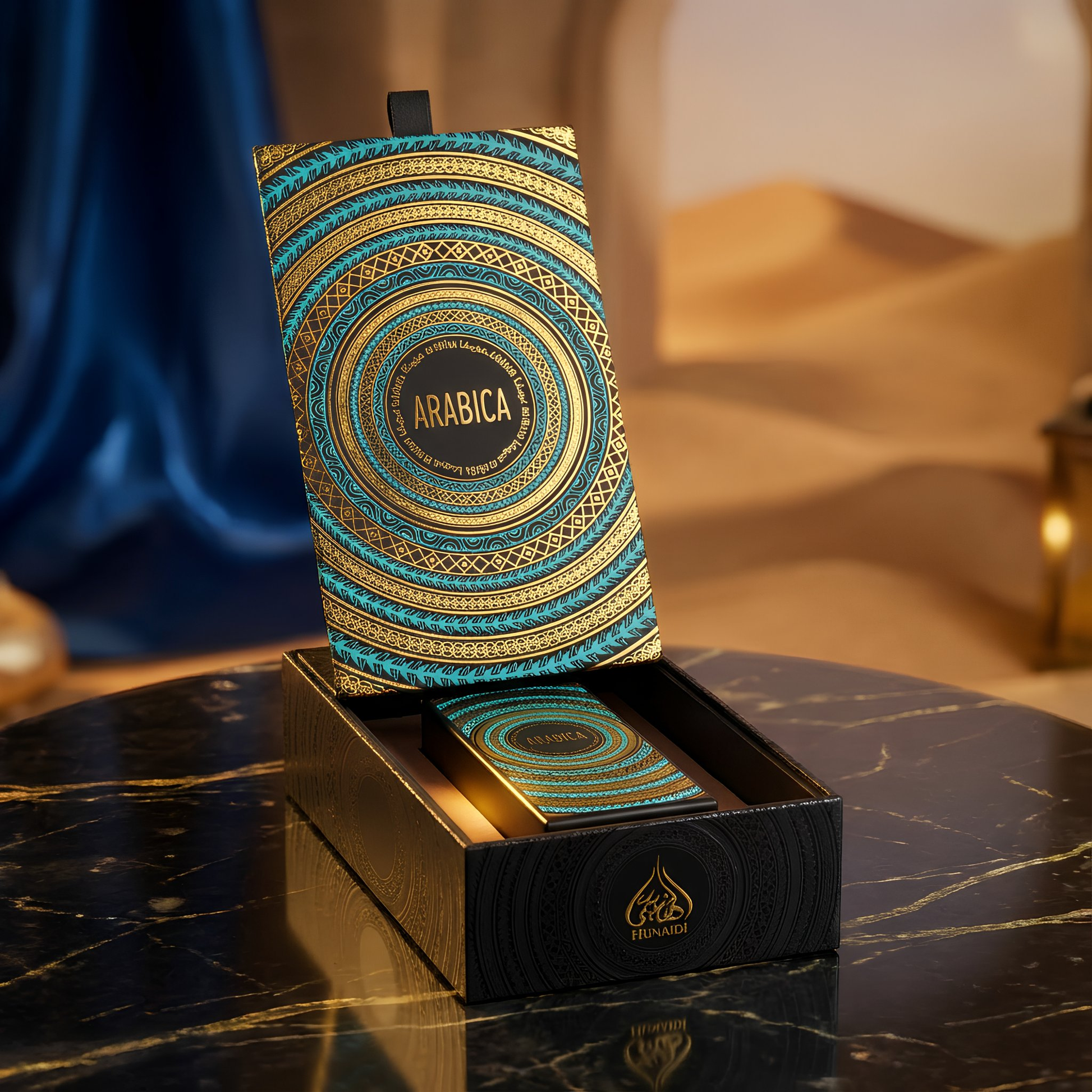 Decorative perfume packaging with 'Arabica' branding on a marble surface.
