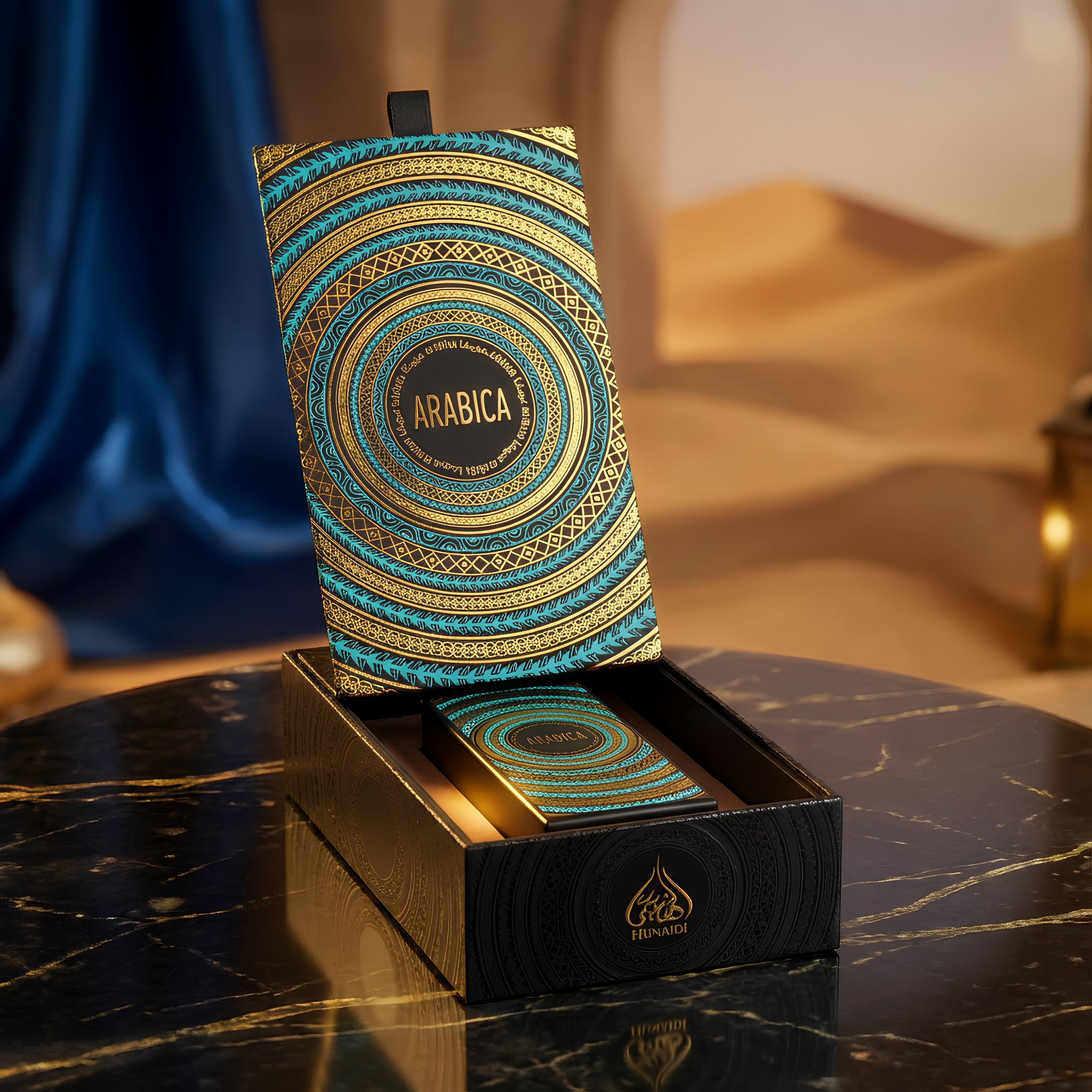 Decorative perfume packaging with 'Arabica' branding on a marble surface.