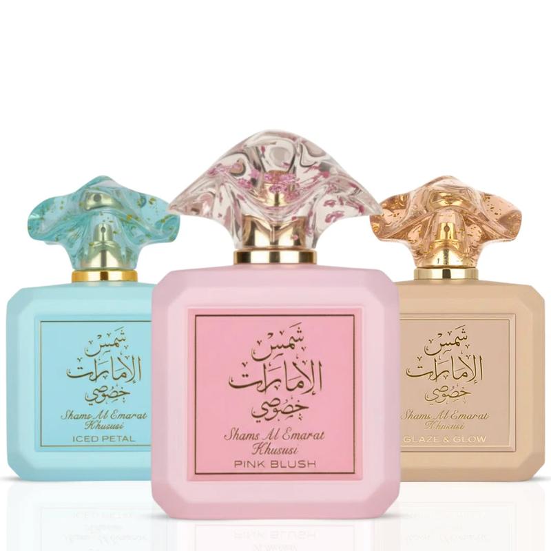 Ard Al Zaafaran 3-Piece (Shams Al Emarat Khususi Pink Blush, Glaze & Glow & Iced Petal) Fragrance Bundle for Unisex