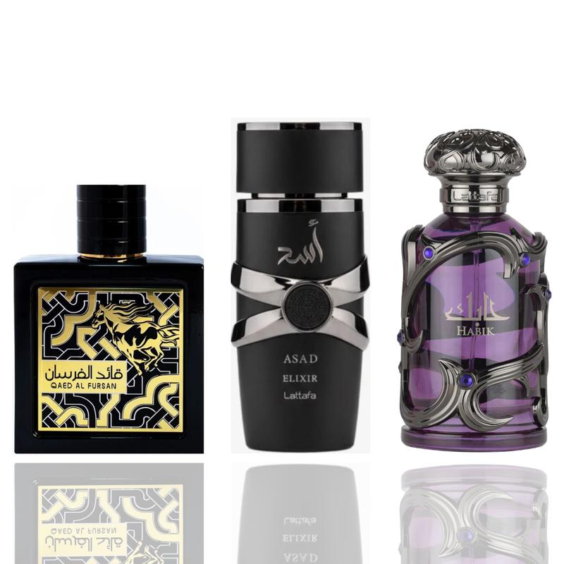 Lattafa 3-Piece (Qaed Al Fursan, Asad Elixir & Habik Men) Fragrance Bundle for Men