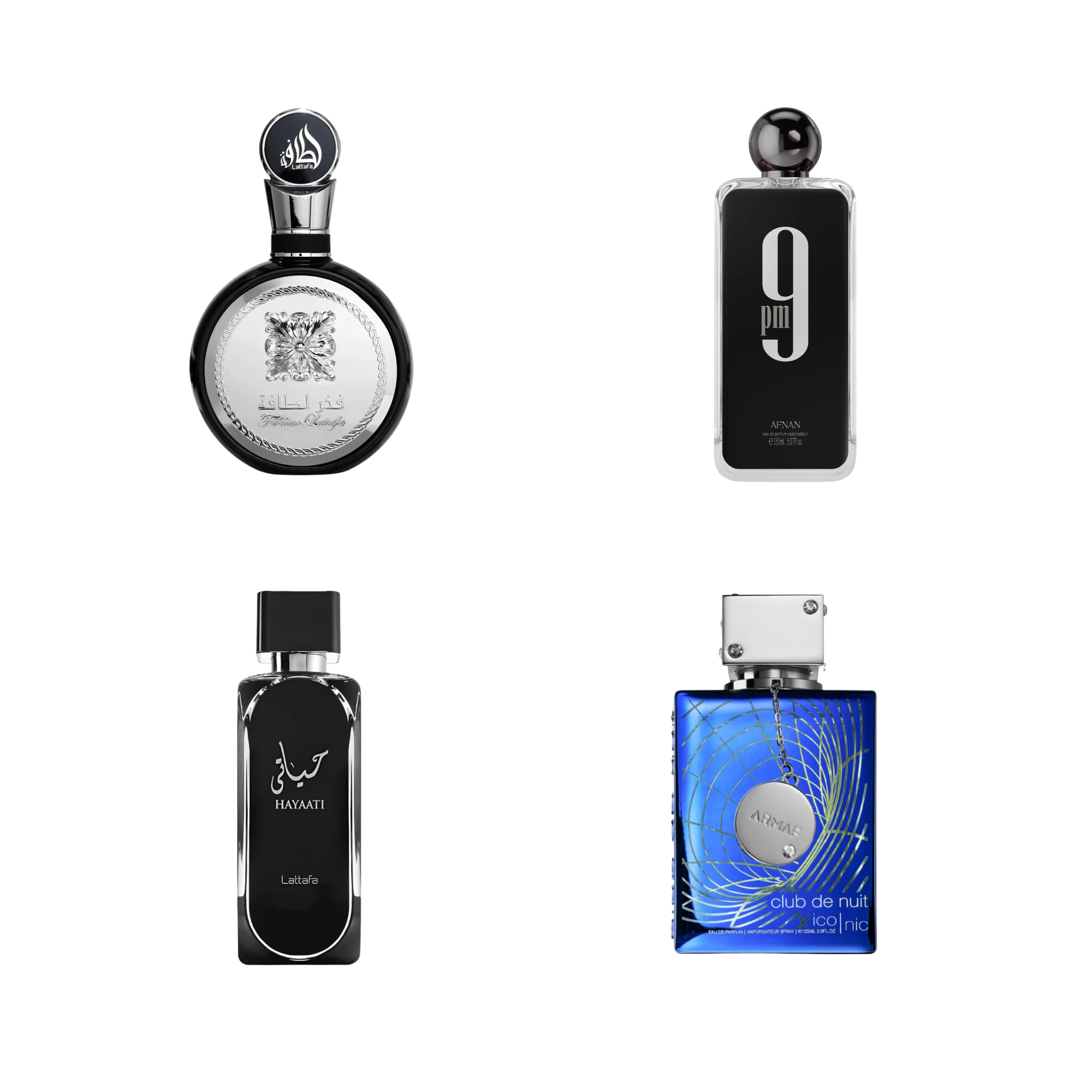 4-Piece (Afnan 9 PM Black, Lattafa Hayaati Black, Lattafa Fakhar Black & Amraf Club de Nuit Iconic ) Fragrance Bundle for Men