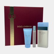 DOLCE & GABBANA LIGHT BLUE Eau De Toilette Spray 3.3 oz & Body Cream 1.7 oz & Eau De Toilette Travel Spray 0.33 oz