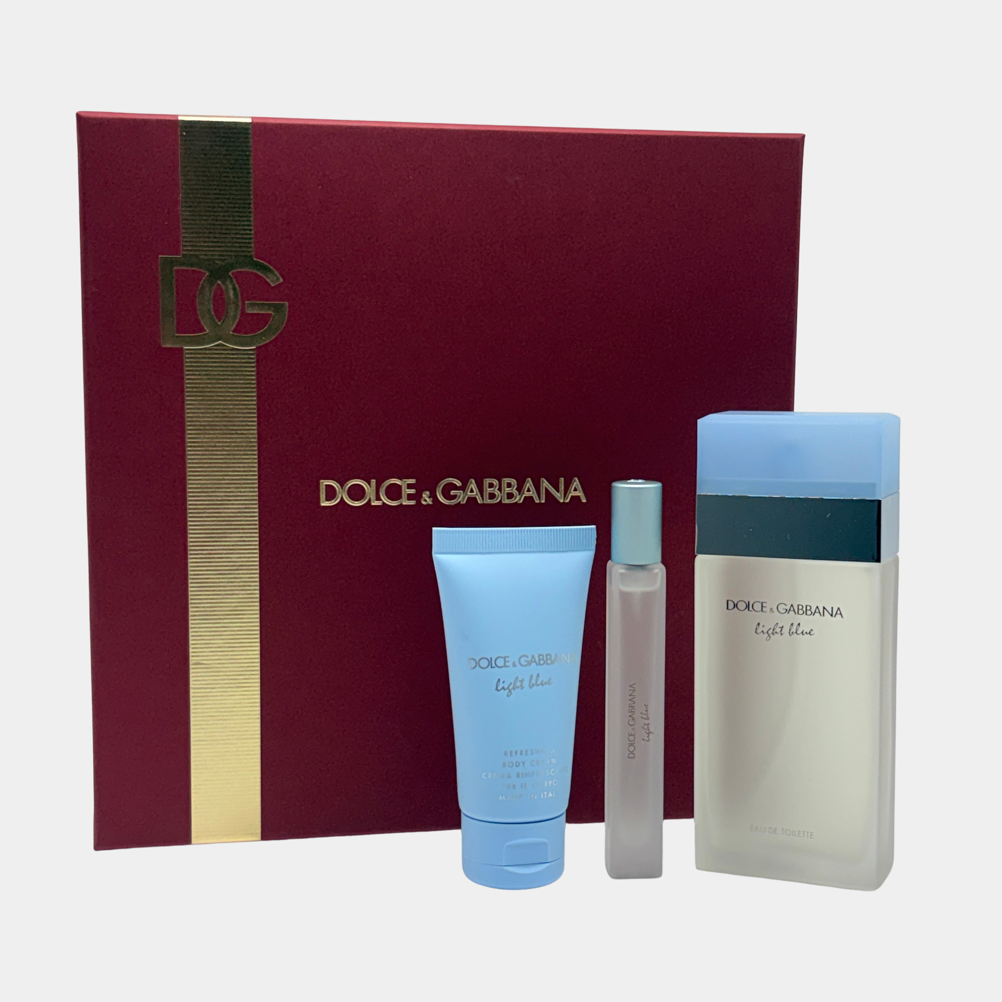 DOLCE & GABBANA LIGHT BLUE Eau De Toilette Spray 3.3 oz & Body Cream 1.7 oz & Eau De Toilette Travel Spray 0.33 oz