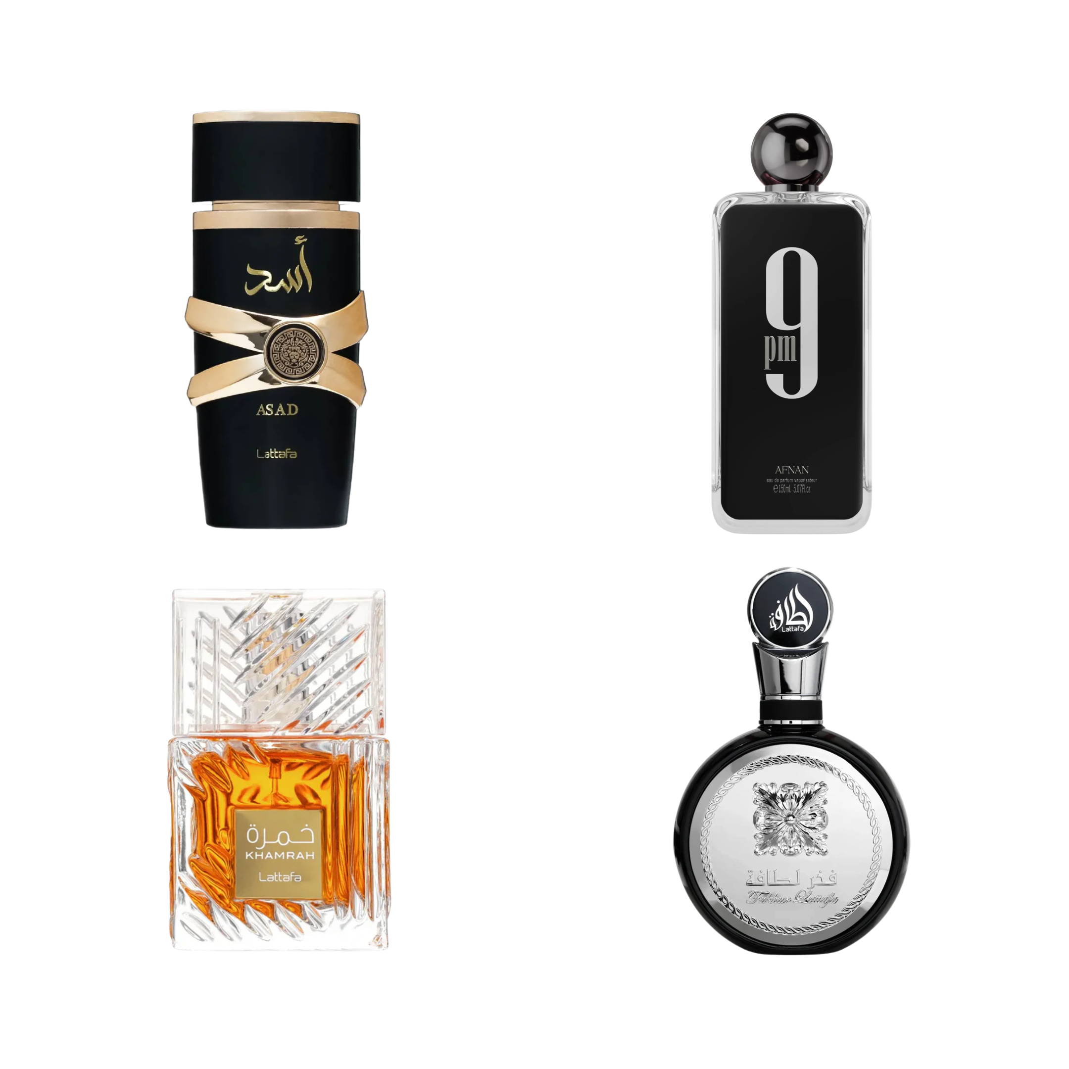 4-Piece (Lattafa Fakhar, Khamrah, Asad & Afnan 9PM) Fragrance Bundle for Men