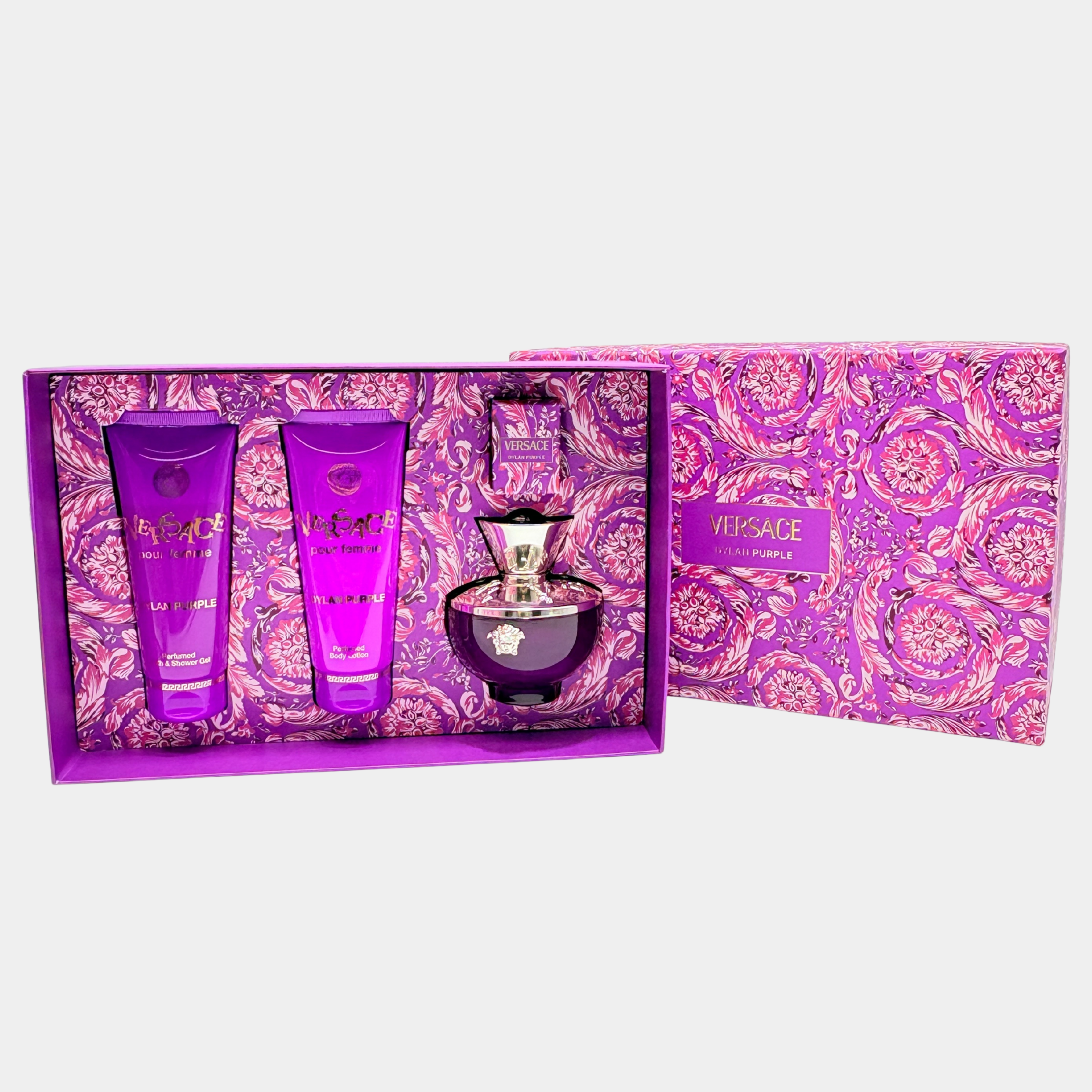 VERSACE DYLAN PURPLE 4 PC SET 3.4 OZ EDP + .17 OZ EDP + 3.4 OZ B/L + 3.4 OZ S/G