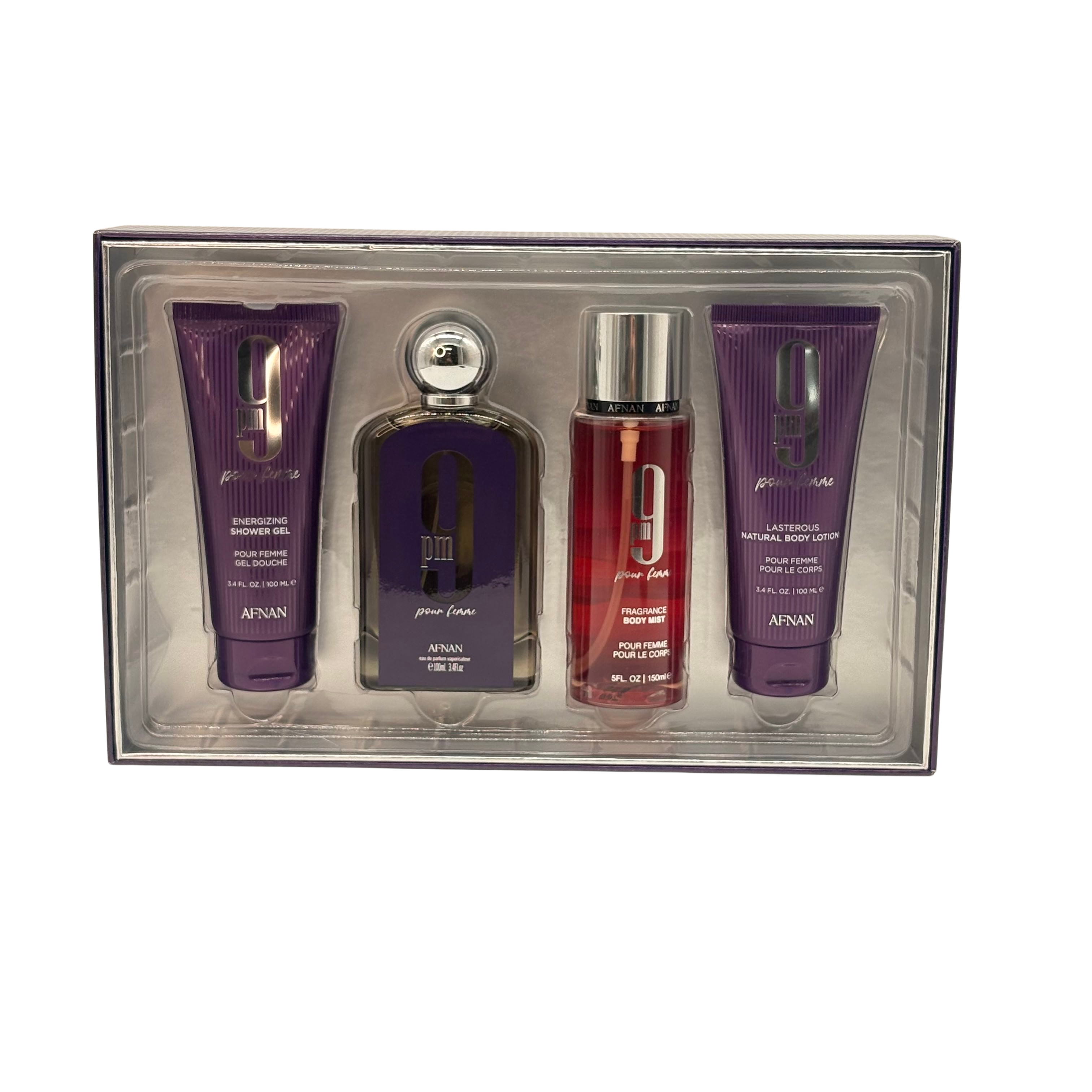 AFNAN 9 PM PURPLE POUR FEMME 4 PC SET 3.4 OZ + 3.4 S/G + 5 OZ BODY MIST + 3.4 OZ B/L