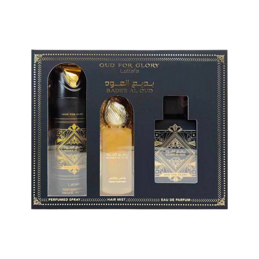 LATTAFA BADE'E AL OUD FOR GLORY 3 PC SET 3.4 OZ EDP + 6.67 OZ BODY SPRAY + 1.7 OZ  HAIR MIST