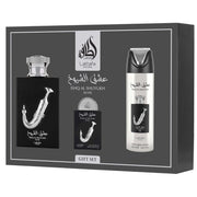 LATTAFA LATTAFA ISHQ AL SHUYUKH SILVER  3 PC SET FOR MEN 100 ML + 20 ML + 200 ML BODY SPRAY + TRAVEL SIZE