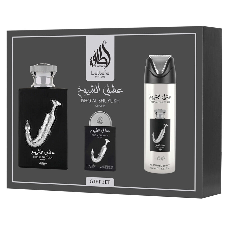 LATTAFA LATTAFA ISHQ AL SHUYUKH SILVER  3 PC SET FOR MEN 100 ML + 20 ML + 200 ML BODY SPRAY + TRAVEL SIZE