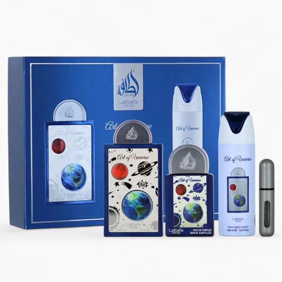 LATTAFA ART OF UNIVERSE 3 PC SET FOR MEN 100 ML + 20 ML + 200 ML BODY SPRAY + TRAVEL SIZE