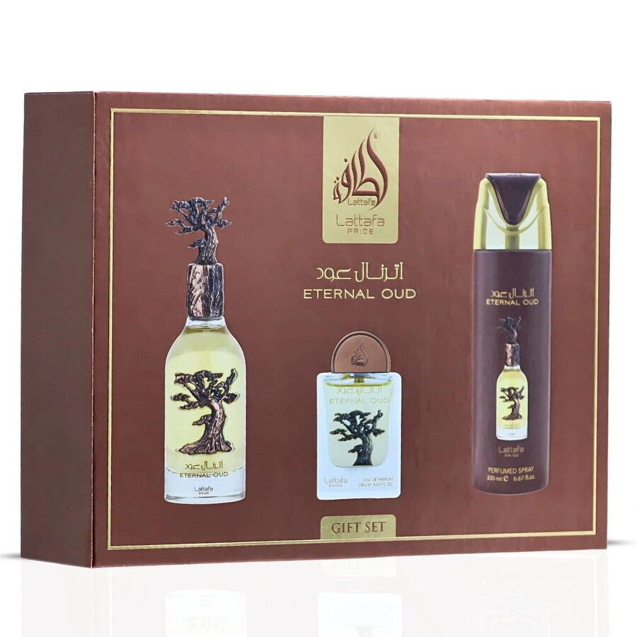 LATTAFA ETERNAL OUD 3 PC SET FOR MEN 100 ML + 20 ML + 200 ML BODY SPRAY + TRAVEL SIZE