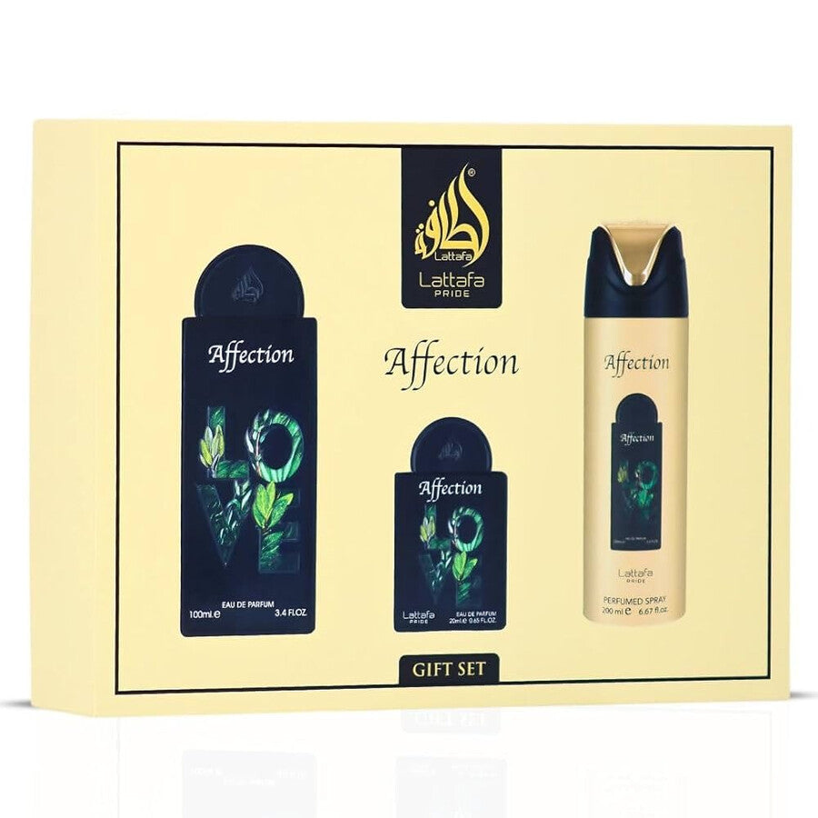 LATTAFA AFFECTION 3 PC SET FOR MEN 100 ML + 20 ML + 200 ML BODY SPRAY + TRAVEL SIZE