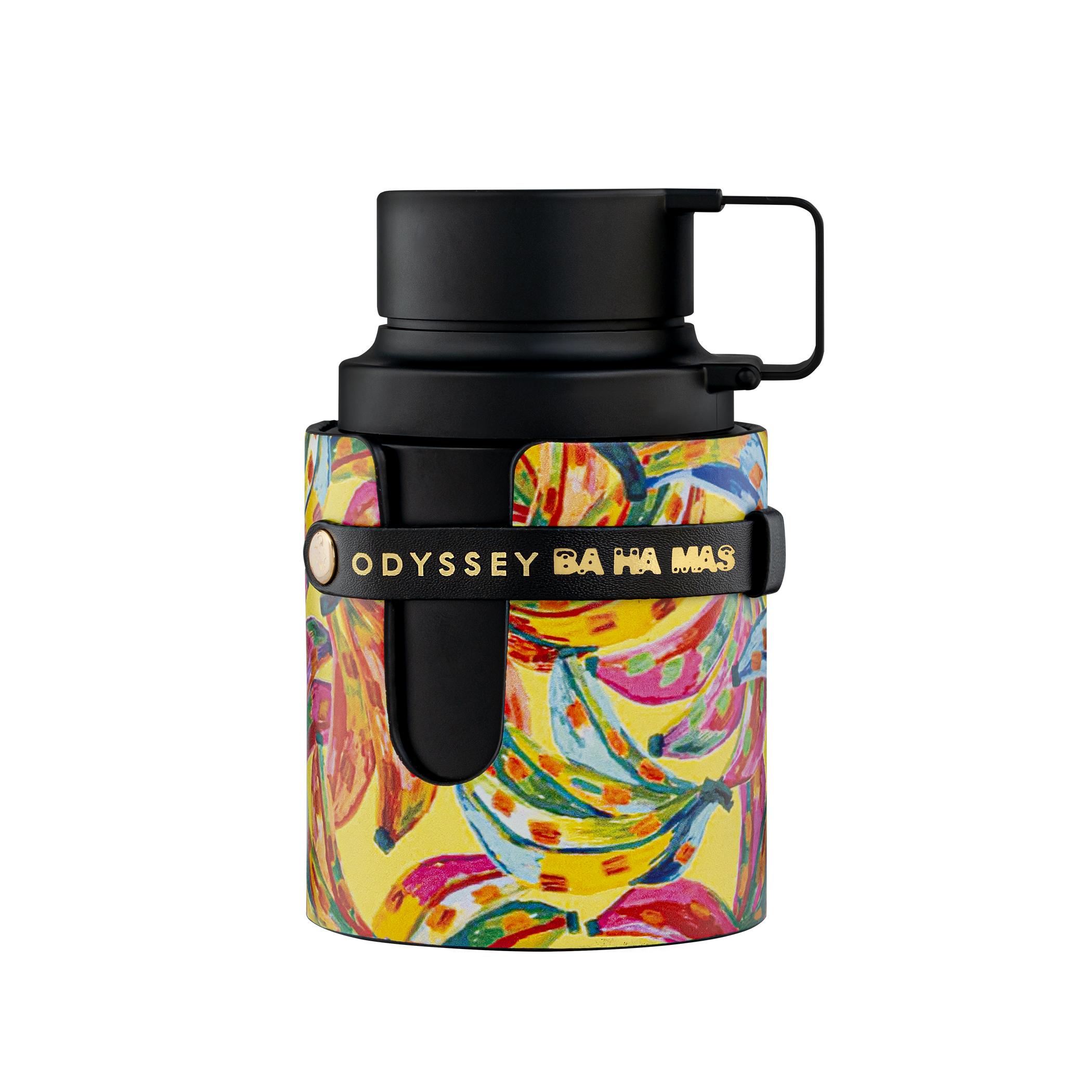 Colorful thermos with a black lid on a white background