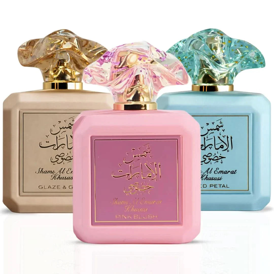 Ard Al Zaafaran 3-Piece (Shams Al Emarat Khususi Pink Blush, Glaze & Glow & Iced Petal) Fragrance Bundle for Unisex